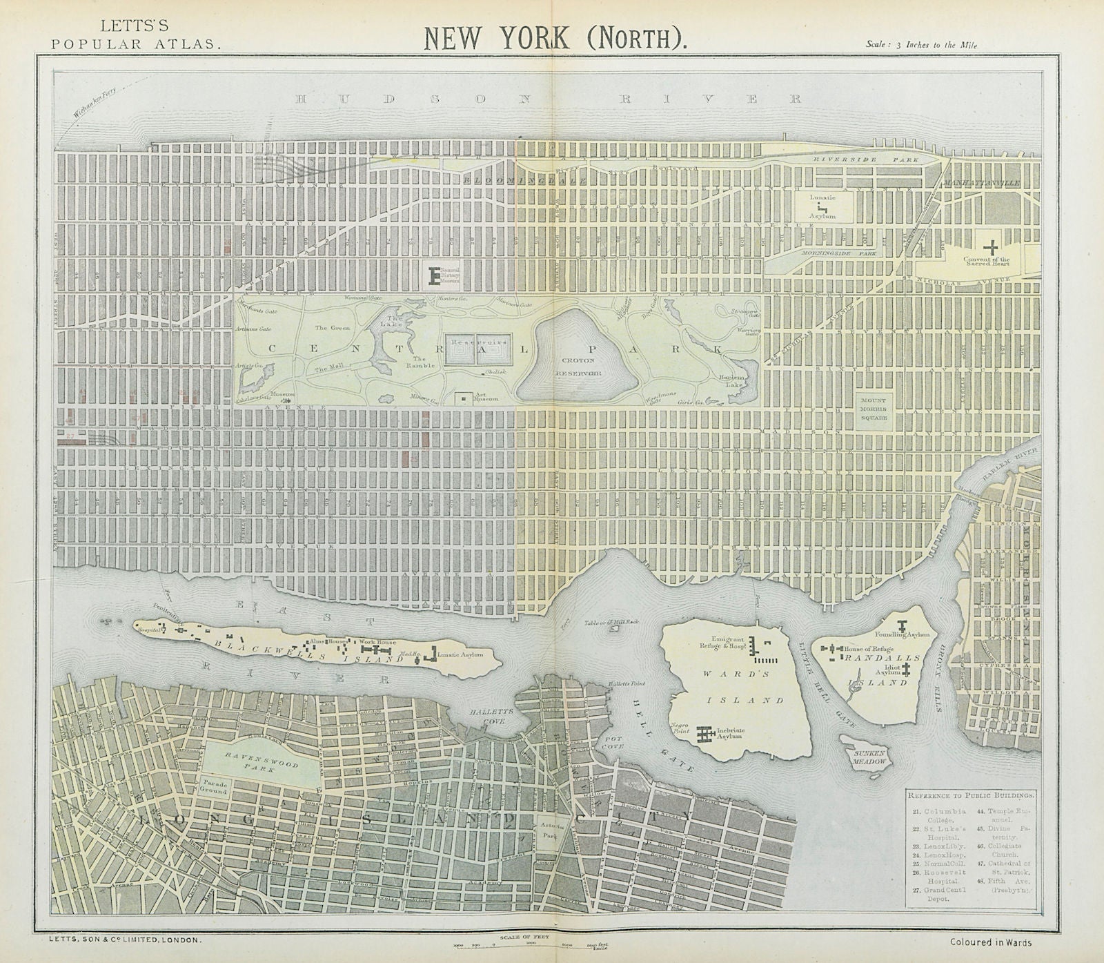 NEW YORK CITY town map plan. Midtown/Upper Manhattan Brooklyn. LETTS 1883